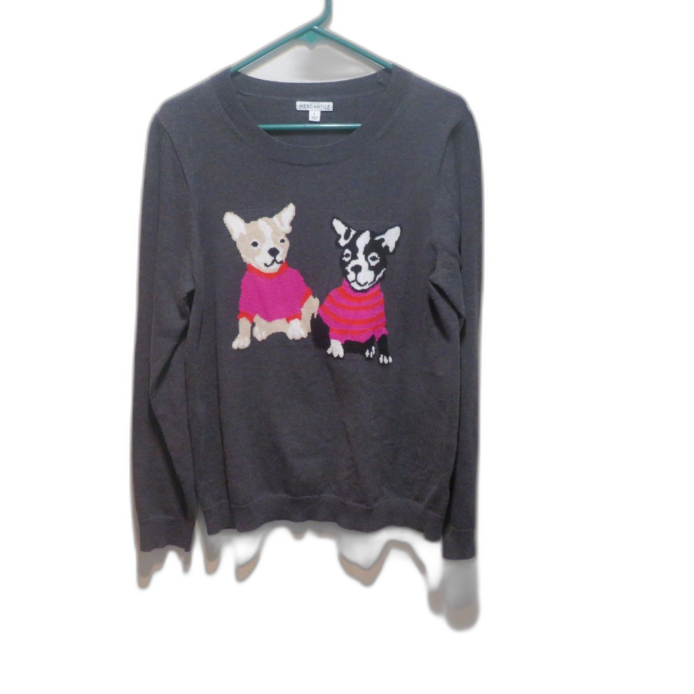 J. Crew Gray Sweater with Pink Dog Design